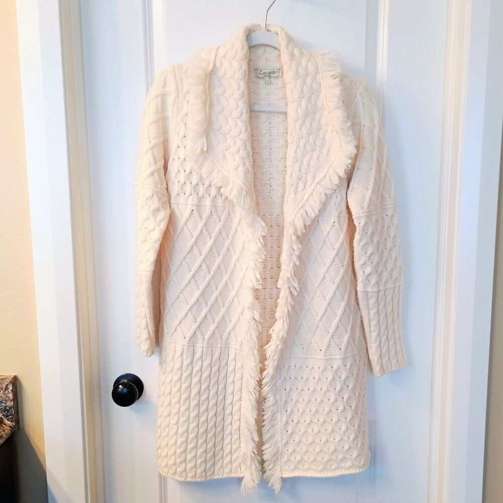 Cocogio Women’s Small Ivory Cream Cable Knit Fringe Open Cardigan Sweater